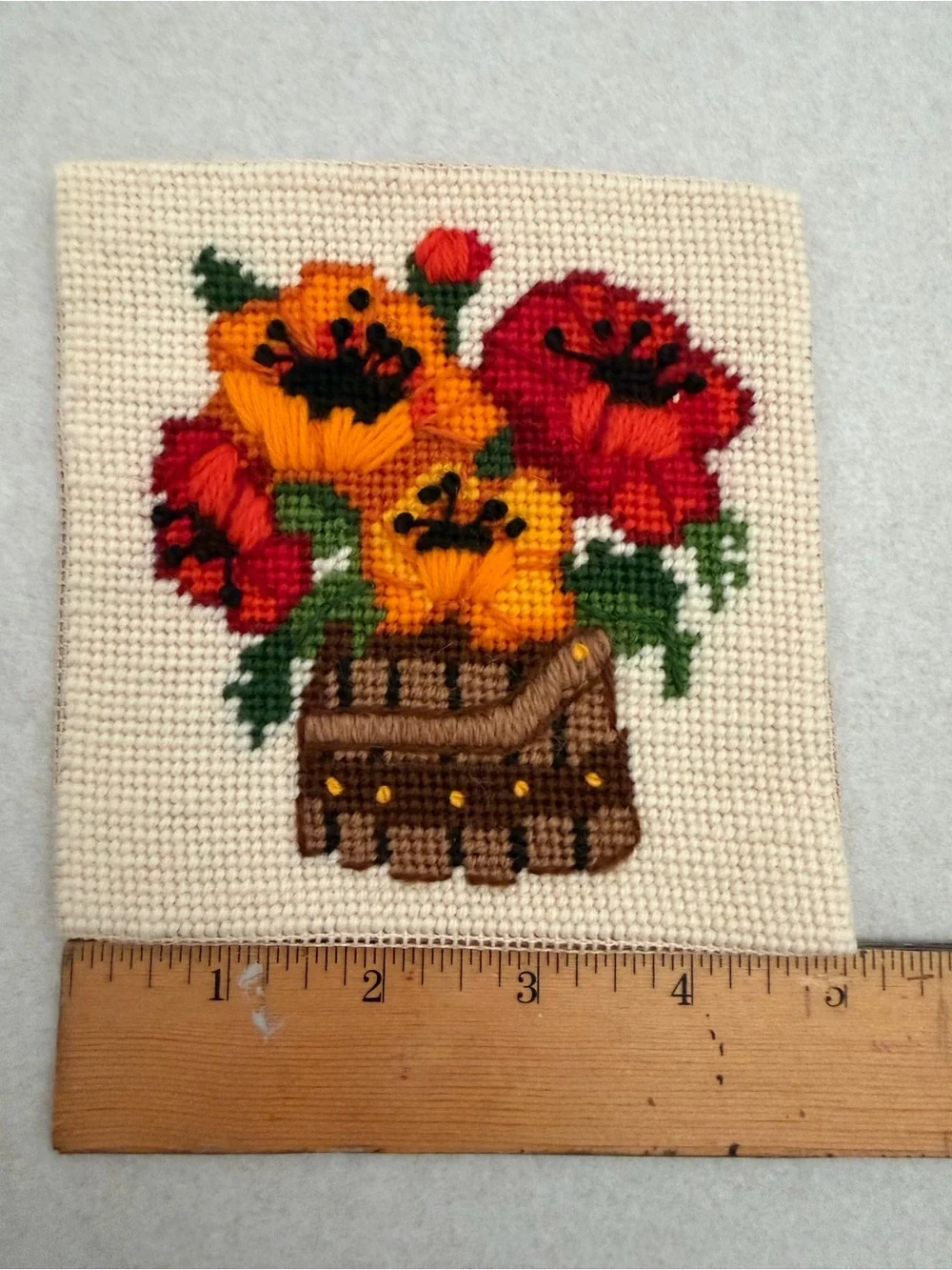 Handmade Vintage Mini Art Needlepoint Sunflowers Wooden Crate 5”x5”